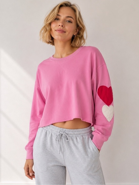 JoyLab Tops - JoyLab Pink Cropped Crewneck Long Sleeve Top Heart Patch Sweater NWT Medium